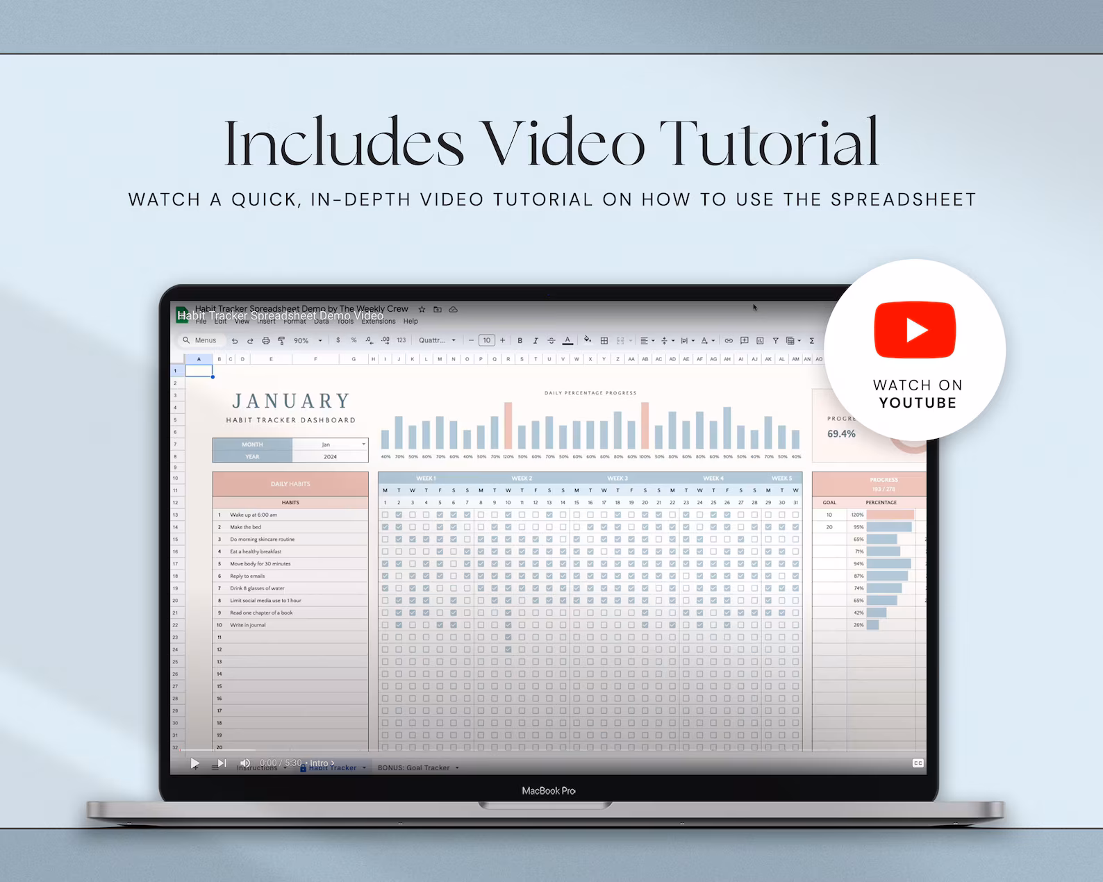 Included video tutorial shown on a laptop