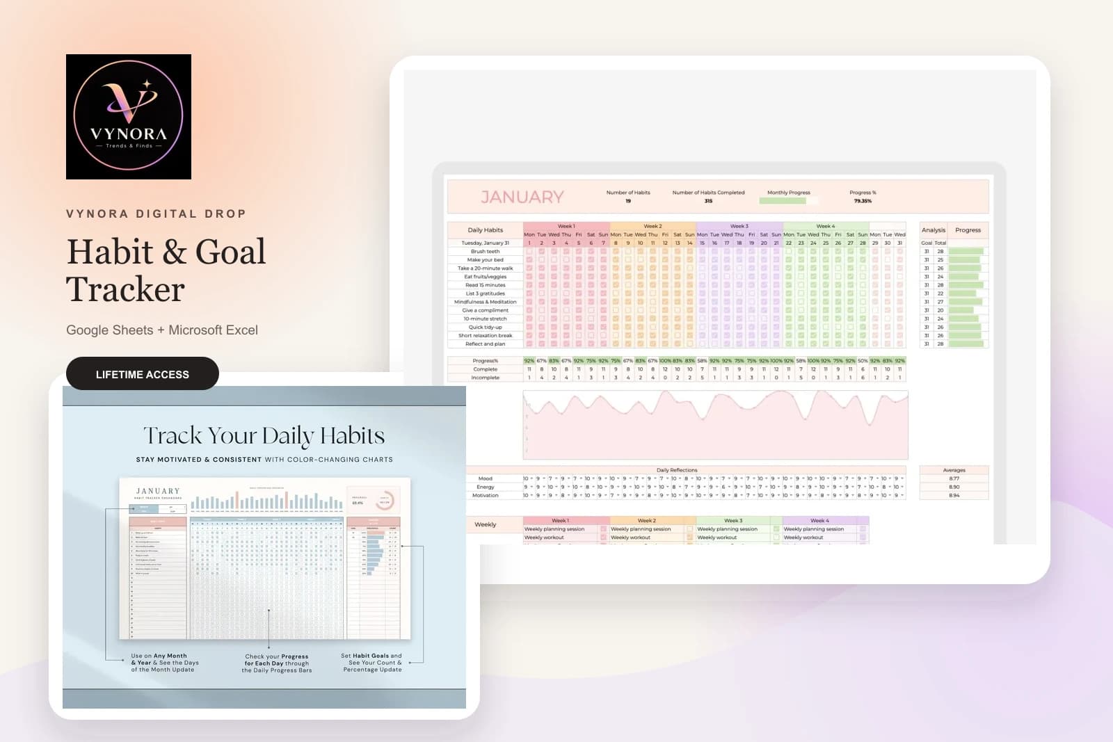 Vynora Habit and Goal Tracker shown in a premium editorial composition